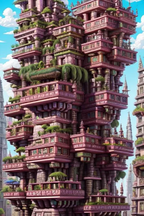 StackedCityAI, maya_mase stacked buildings, stone stairs, balconies, monumental columns, fantasy shiny skyscrapers, wide street,...