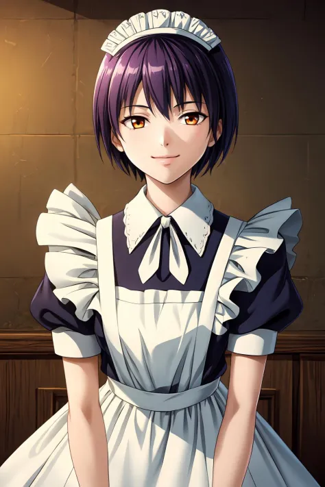 (masterpiece, best quality:1.2), game cg, extremely detailed CG, 4k, 8k, 1girl, solo, light smile, 
MaidMaki_V1, purple hair, sh...