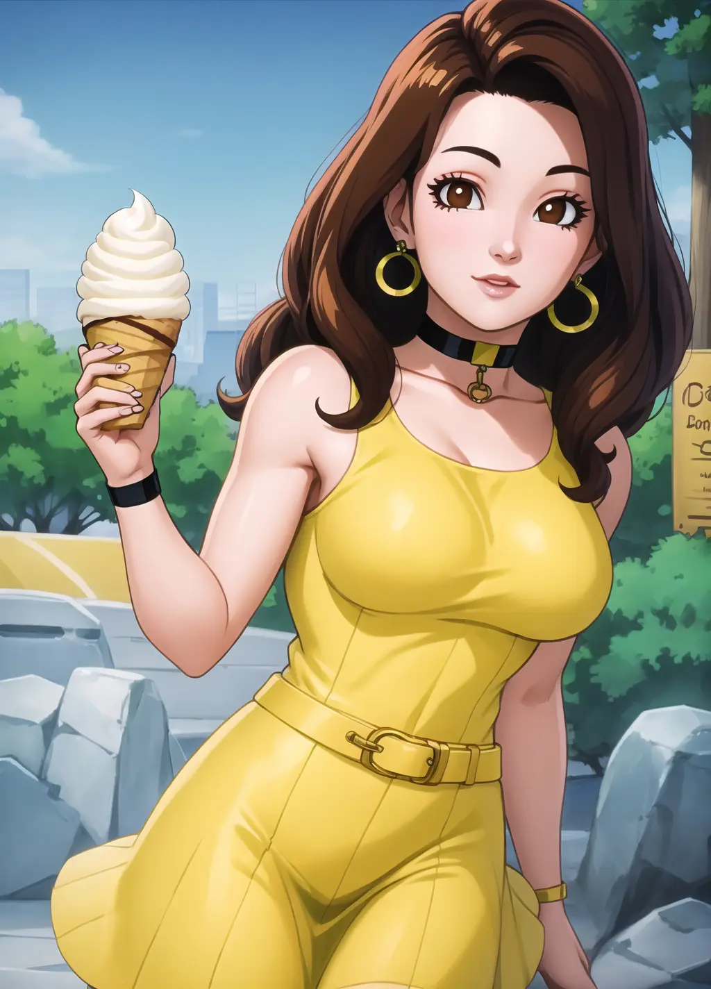 masterpiece, best quality, highest quality, photorealistic, perfect anatomy, perfect face, perfect eyes, earrings, long hair
paresdbgt,yellow dress, brown eyes, choker, belt, innocent, young girl, in park, ice cream