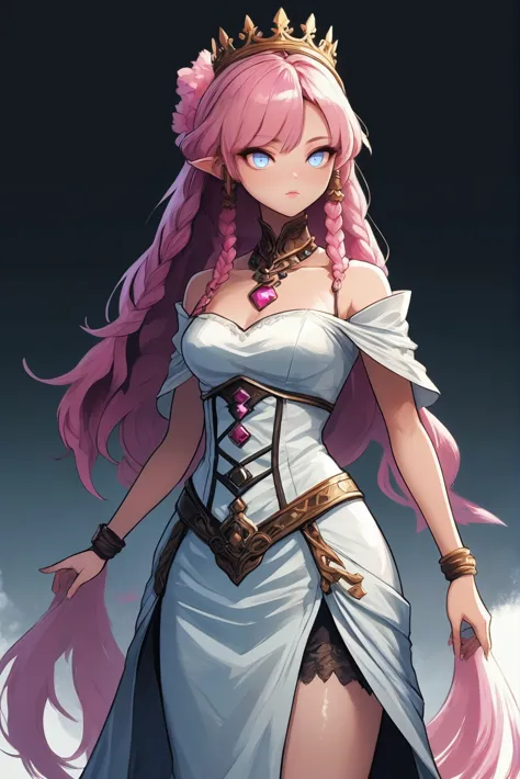 a woman with pink hair and a crown on her head