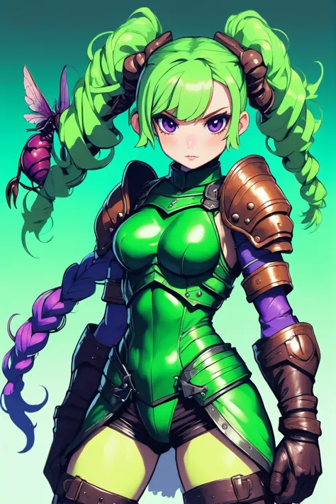 a woman with green hair and green armor holding a sword