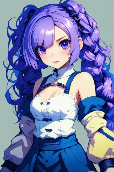 a close up of a person with long purple hair and a white shirt