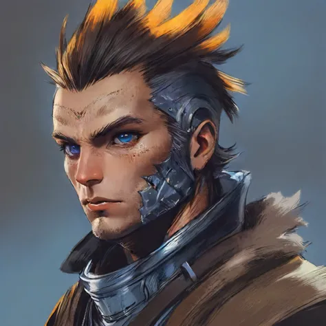 a close up of a man with a mohawk and a blue eye