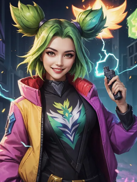 1fille, cheveux verts, quoi (League of Legends), tenant un pistolet, blouson, électrocuter, électricité, gratte-ciel en arrière-plan, léger sourire, (Coloré:1.6), détails complexes, Haute qualité, Meilleure qualité, chef-d&#39;œuvre, 8k, UHD