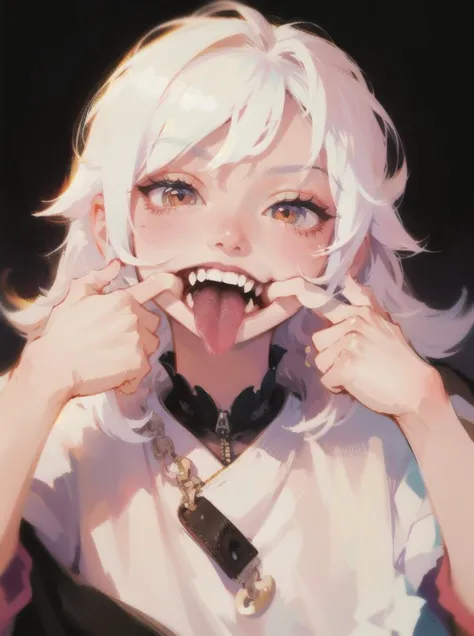 1girl, mouth pull, best quality, open mouth, simple background, white hair, long_hair, fangs, tongue out, tongue, teeth, finger ...