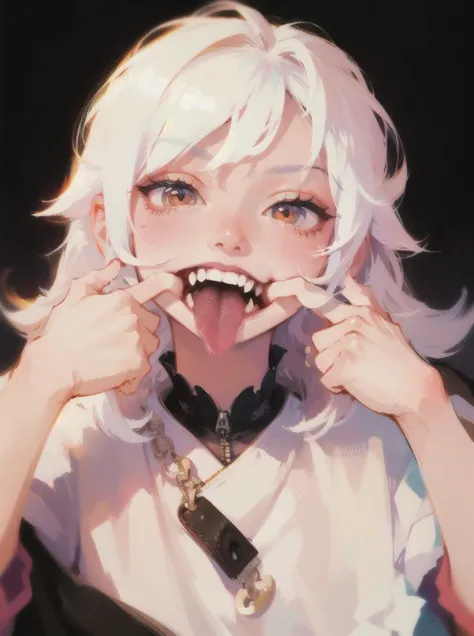 1girl, mouth pull, best quality, open mouth, simple background, white hair, long_hair, fangs, tongue out, tongue, teeth, finger in own mouth,, (pinky finger inside mouth:1.3), (two hand pulling mouth:1.2), <lora:mouth_pull:1.4>