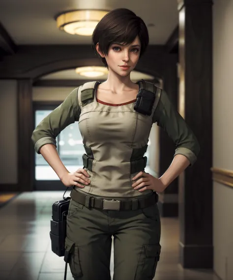 a woman in a military outfit standing in a hallway