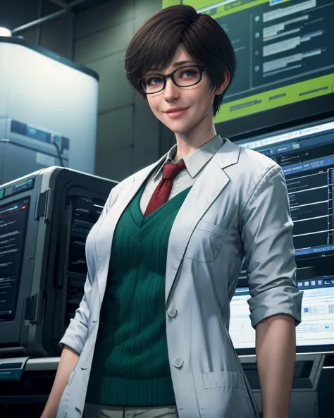 <lora:VendBecky_t3-000008:1.0> VendBecky girl wearing green VendOutfitScientist and lab coat and glasses
,masterpiece, best quality,  depth of field, bokeh
,lab at night, darkness,
smile