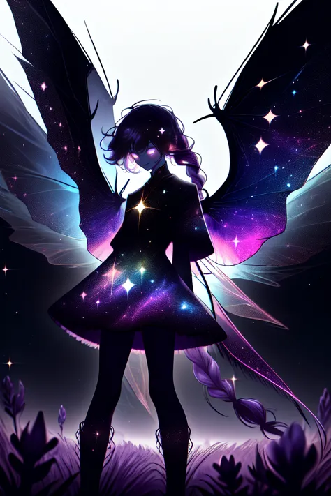 [fog],lavender light,(sparkle effect:0.4),1girl,solo,bright pink hair,blue ends of hair,gradient hair,long hair,french braid,ribbon in a braid,rainbow eyes,smile,short dress,fluffy skirt,colorful knee socks,dragonfly wings,luminous wings,kaleidoscope wings,magic park,fantastic multicolored flowers,glowing flowers,scenery,(glitter effect:0.7),soft cinematic light,adobe lightroom,photolab,hdr,intricate,highly detailed,(depth of field:1.4),dark celestialskin body,void cosmic body,colored skin,flat color,jet black skin,silhouette,<lora:CelestialSkin-20_1.2+kionantArtistStyle_v10_0.6:1>,