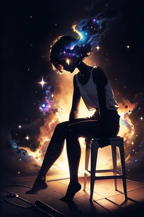 (highly detailed:1.3), (post-Impressionist:1.2),a girl is sitting on a stool and crying, covering her eyes with her hands, an empty room, orange short hair, lamp, neon light, dark atmosphere, white T-shirt, black trousers, sparkle, glittering, darkness, celestialskin body,void cosmic body,colored skin,flat color,jet black skin,silhouette,<lora:CelestialSkin-20_1.2+kionantArtistStyle_v10_0.6:0.6>,, (Surrealism), dreamlike , distorted , abstract , symbolic