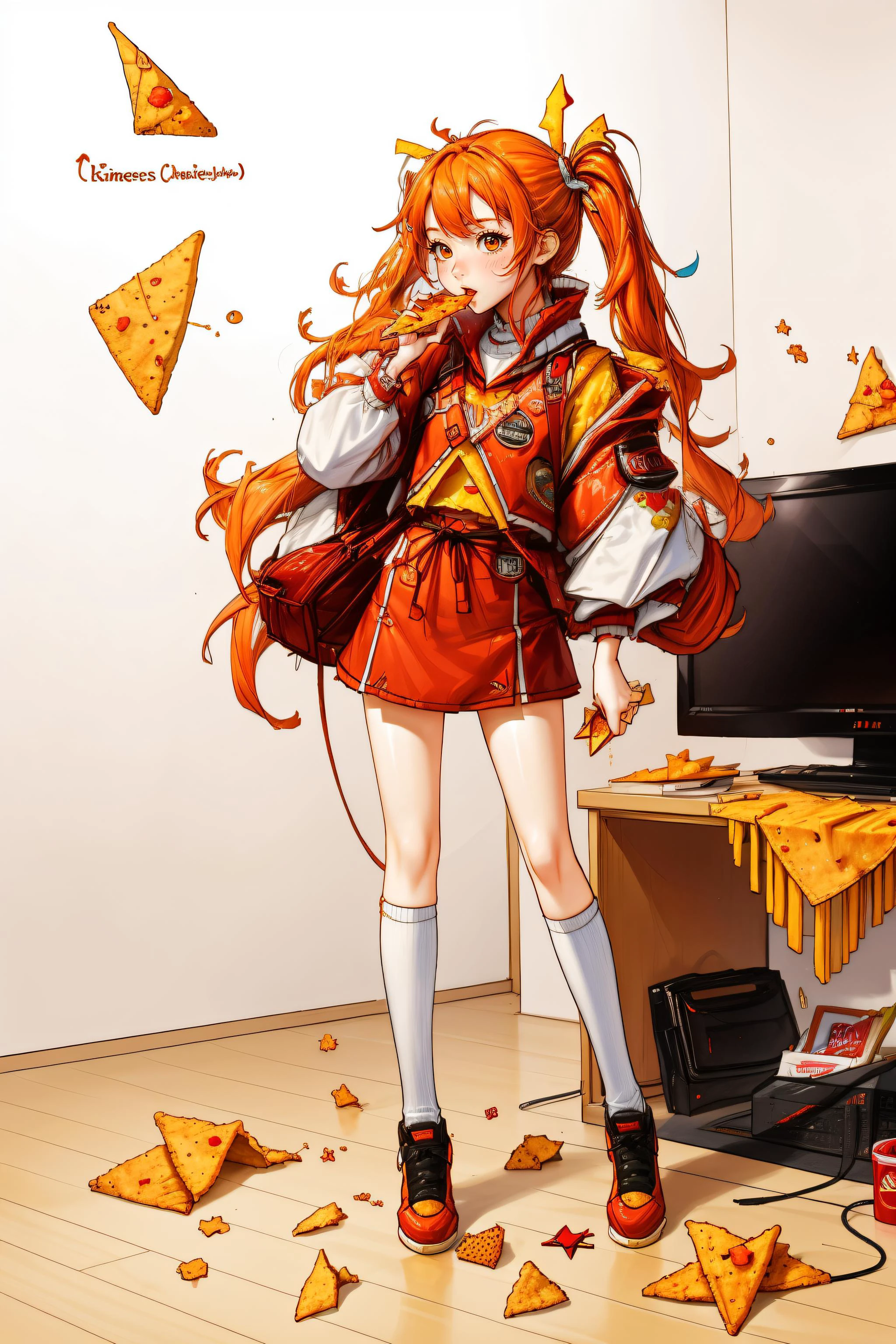 rinotuna, Original, dorito chip girl, niña comiendo doritos, pelo naranja, en su dormitorio jugando videojuegos, traje rojo, sosteniendo una bolsa de dorito,  