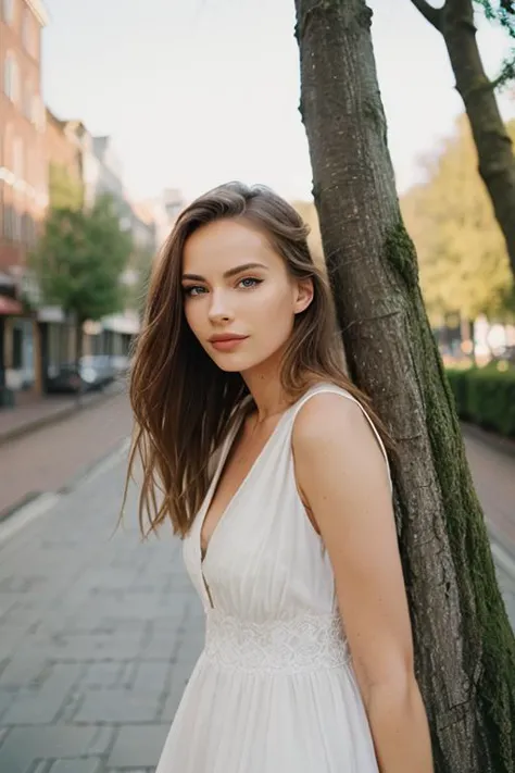 a woman in a white dress standing next to a tree