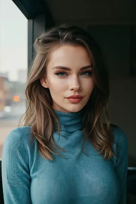 a woman in a blue turtle neck sweater looking out a window