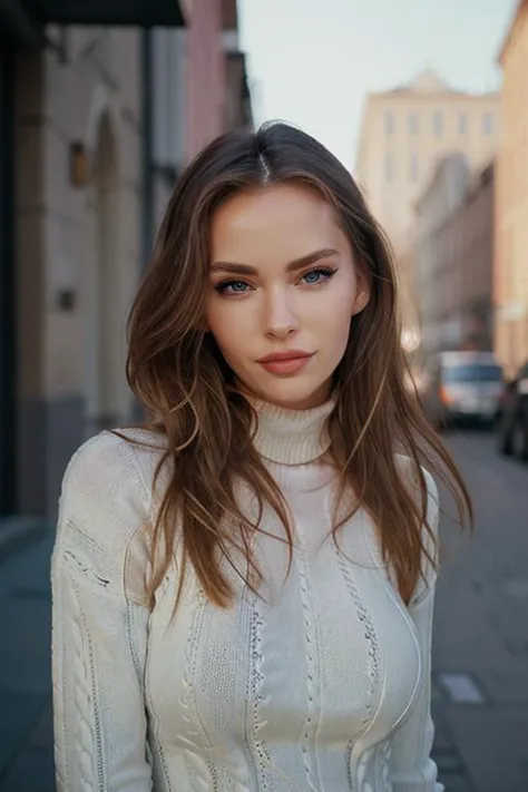 a close up of a woman standing on a street with a white sweater