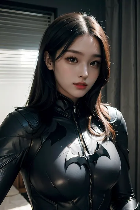 a close up of a woman in a black leather outfit