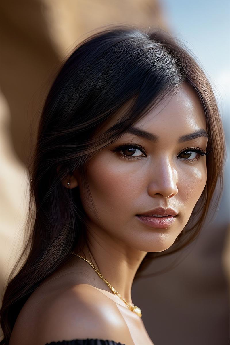 A close up of a woman with a white top and earrings - SeaArt AI