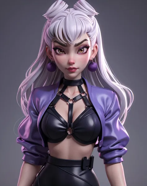 1girl, evekda, white hair, earings, in black, cropped purple-blue jacket, (harness bra), 3d, render,