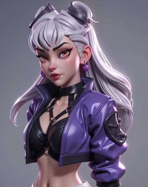 1girl, evekda, white hair, earings, in black, cropped purple-blue jacket, (harness bra), 3d, render,