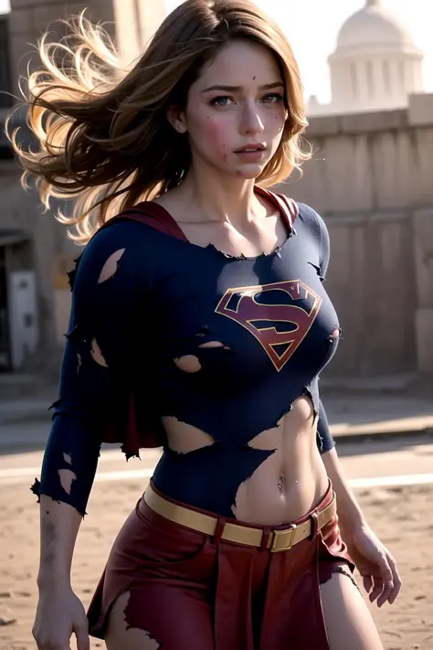 8k, best quality, real picture, intricate details, ultra-detailed, ultra highres, depth field,(photorealistic,realistic:1.2),masterpiece,photo of  european girl, supergirl, (bruise, dirty, torn clothes, revealing clothes, blood:1.3), blue eyes, blonde hair...