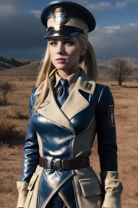 a close up of a woman in a uniform standing in a field