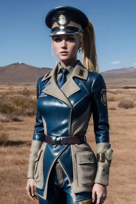 a woman in a blue leather outfit standing in a field