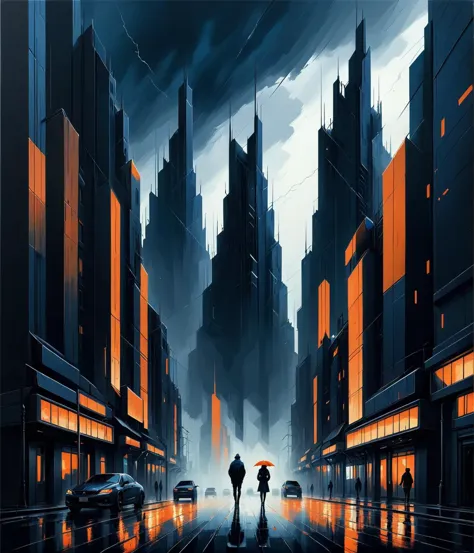 a painting, aestheticism, city background, stormy, dark blue and orange colors, Alena Aenami, Nicholas Sparks, dvr-shrp,  <lora:...