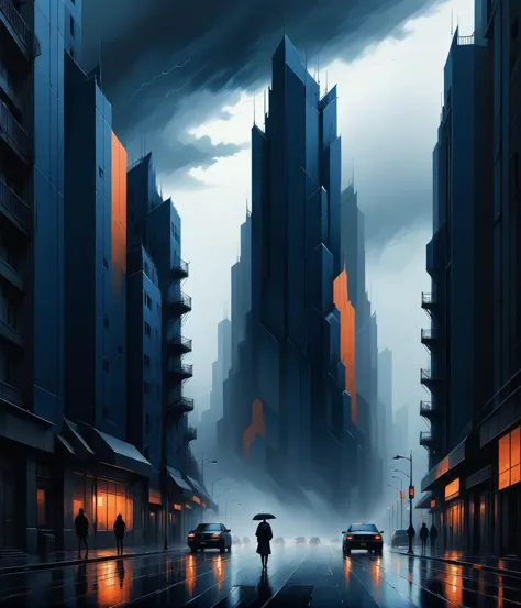 a photorealistic painting, aestheticism, city background, stormy, dark blue and orange colors, Alena Aenami, Nicholas Sparks, dv...