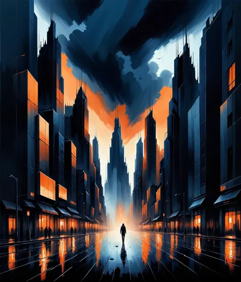 a painting, aestheticism, city background, stormy, dark blue and orange colors, Alena Aenami, Nicholas Sparks, dvr-shrp,  <lora:dvr-shrp:1>