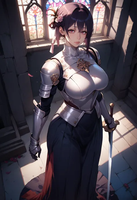 score_9, score_8_up, score_7_up, concept art, minomi, a female knight in full armor is standing and looking at viewer, half updo, detailed beautiful face, large breasts, long skirt, abandoned church, blooming roses, sword, low light, dark theme, from above,