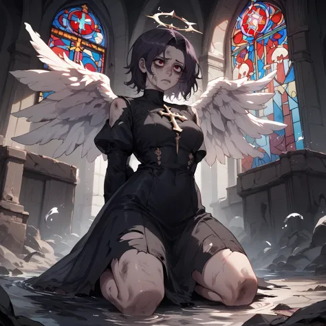 anime - style image of a woman with angel wings sitting on a stone floor