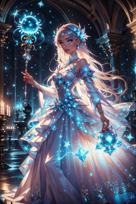 a woman in a white dress holding a wand and a star