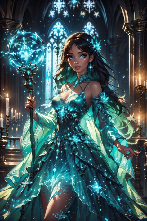 a woman in a green dress holding a wand and a crystal ball