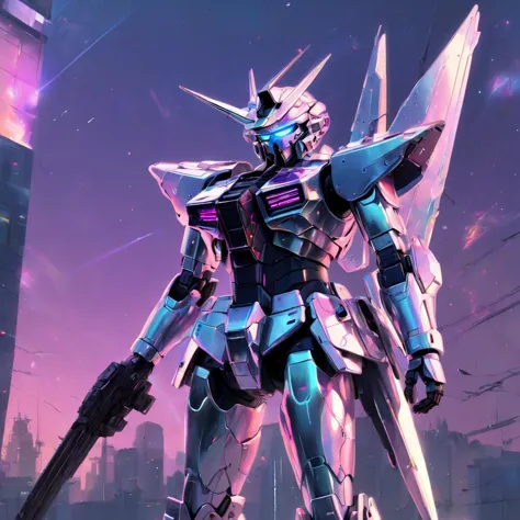 holographic,Simple background,a Gundam that is standing up with a sword in it's hand and a light purple background behind it,tra...
