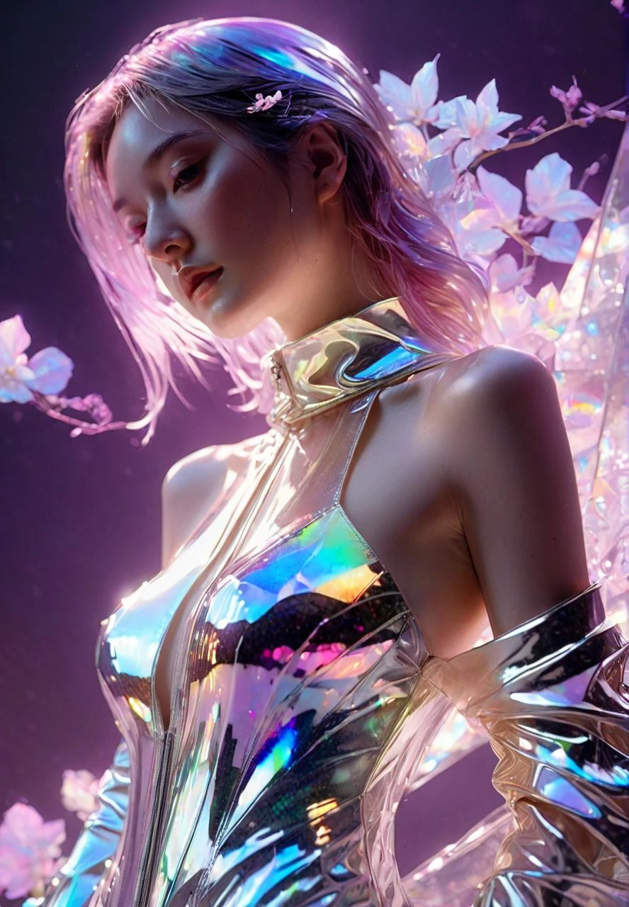 cinematic photo official art,unity 8k wallpaper,ultra detailed,aesthetic,masterpiece,best quality,photorealistic,entangle,purple rose,tangle,entangle,(1girl:1.3),chinese woman,(full body:1.4),Glowing eyes,tears,Golden eyeshadows,ecstasy of flower,dynamic angle,(the most beautiful form of chaos:1.2),elegant,a brutalist designed,Gradient colours,(romanticism:1.1),film,professional,skin detail realistic,Shimmering Crysta,looking at viewer,profile,(holographic:1.2),(transparent raincoat:1.3),holographic,a woman in a dress with a futuristic design on it's chest and arms,holographic fabric,solo,1 girl,translucent glass,holographic structure,glowing,clear glass,dress,big breasts,cleavage,slender,(flower sea:1.5),