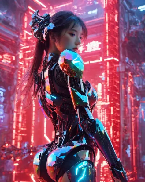 (1girl:0.9),high quality exquisite wallpaper,wide_shot,mecha,metal exquisite mechanical structure,black and red glowing neon lights,(photon force field:1.5),<lora:holographic1_10xl-10:0.7>,(holographic:1.2),mecha clothes,robot girl,holographic fabric,