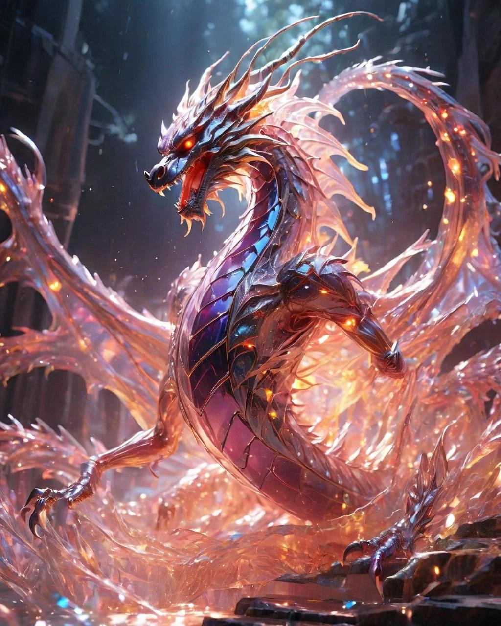 (super clear picture quality:1.8),masterpiece,best quality,
ultra-realistic mix fantasy,flood dragon,a mythical creature capable of invoking storms and floods,in the style of dark azure and light azure,mixes realistic and fantastical elements,vibrant manga,uhd image,glassy translucence,vibrant illustrations,ultra realistic,jewelly,shawls,light In eyes,red eyes,firefly,bokeh,mysterious,fantasy,cloud,abstract,colorful background,night sky,flame,very detailed,high resolution,sharp,sharp image,4k,8k,masterpiece,best quality,magic effect,(high contrast:1.4),dream art,diamond,mysterious colorful background,dark blue themes,real,holographic,an oriental dragon,inhuman,holographic metal,machine,the perfect hand,perfect face,