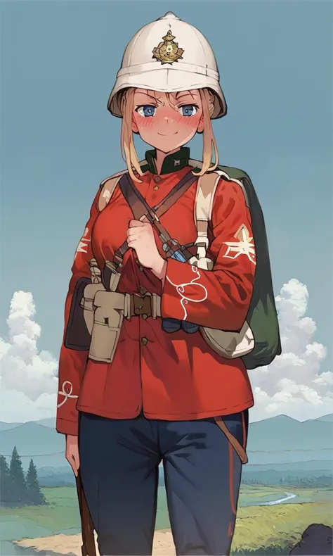 score_10,score_9,score_8_up,score_7_up,score_6_up,anime,<lora:redcoatXLv1:1>,1girl,solo,holding rifle,musket,bayonet,hat,standing,long_sleeves,weapon,military_uniform,military,red_jacket,pith helmet,safari helmet,sun helmet,redcoat,victorianera,colonial infantry,blonde long  hair,blue eyes,smug,full-face blush,large breasts,wide hips,narrow waist,blue sky,landscape,backpack,equipment,<lora:toridamono_PonyXL_style_v01:1>,