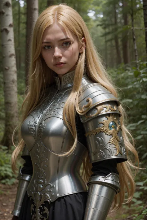 (shot on digital camera,hyper-detailed,best shadows,natural lighting,intricate details),nordic young woman,crown,cute face,serious pose,Dark yellow hair,absurdly long hair,shaggy hair,heavy mecha
Heather Gray armor,birch forest,happy