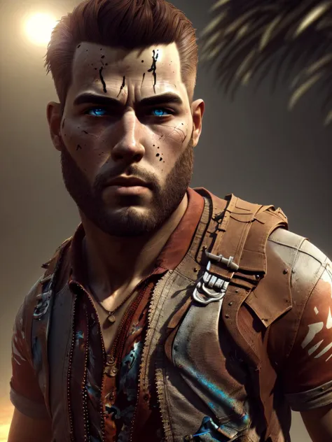 (masterpiece, best quality, detailed:1.2) 1boy, male focus, solo, brown hair, shirt, realistic, looking at viewer, upper body, short sleeves, blue eyes, print shirt, jacket, muscular, red shirt, hawaii shirt, full body,tropics, day, cinematic lighting, (volumetric lighting), extremely detailed CG unity 8k wallpaper, focused, extremely detailed, (high contrast), detailed and intricate, instagram, highly detailed, digital painting, artstation, concept art, illustration,(epic realistic, hdr, luminous, intricate details, hyperdetailed, cinematic, rim light) --creativ <lora:Jack_Carver:0.7>