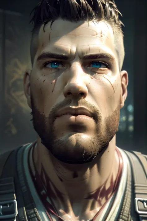 a man with blue eyes and a beard in a video game