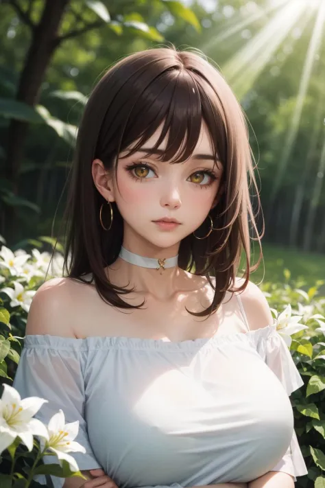depth of field, 1girl, solo, brown hair, looking at viewer, yellow eyes, upper body, white shirt, gigantic breasts, off-shoulder shirt,a lot of white flowers, leaf, blurry foreground, choker, sunlight, masterpiece, highres