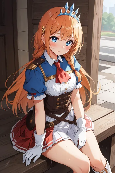 (masterpiece, best quality),  intricate details,
1girl,       <lora:pecorine-lora-nochekaiser:0.8> pecorine, blue eyes, hair ornament, long hair, orange hair, tiara, braid, hair braid,, arm belt, armor, ascot, blue socks, boots, dress, gloves, hair ornament, open clothes, open dress, pauldrons, pleated skirt, puffy short sleeves, puffy sleeves, red ascot, red skirt, short sleeves, shoulder armor, single pauldron, skirt, socks, white dress, white footwear, white gloves,
rain, see-through, wet, village, sad,