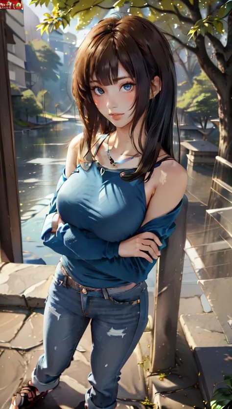 masterpiece, best quality,  1girl,  with a edgHimeCut hairstyle,  blunt bangs, bangs, lake, nature, stone walkway,  full body, jeans, bare shoulders, blue shirt, necklace, crossed arms, from side,