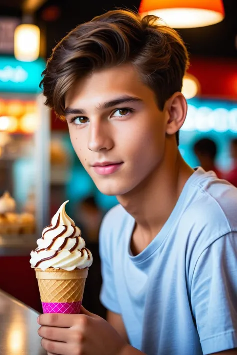 19yo male at an ice cream shop, (perfectly-lit, crisp focus, absurdres, 8k UHD, HDR, vivid color, depth of field, contrast, clarity, balance)