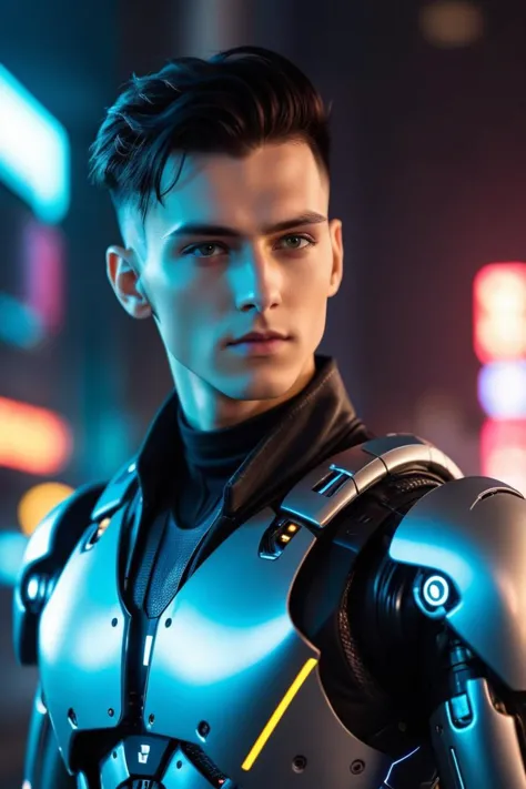 epic cyberpunk android young male model robot, (perfectly-lit, crisp focus, absurdres, 8k UHD, HDR, vivid color, depth of field, contrast, clarity, balance)