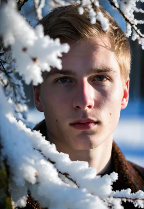 Portrait photography, a young man, sharp detailing, masterpiece, sharp focus face, half face in shadow, high contrast, vibrant colors, finland, folk, fertility, lust, Häme, Ilmarinen, beech tree, wool, frost