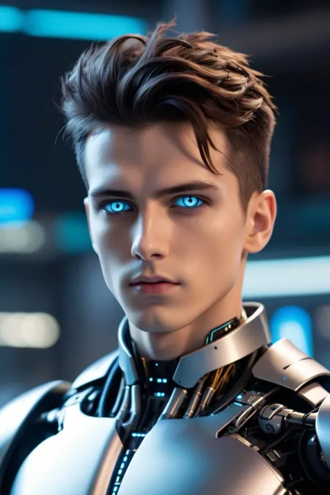 epic cyberpunk android young male model robot, silver eyes, (perfectly-lit, crisp focus, absurdres, 8k UHD, HDR, vivid color, depth of field, contrast, clarity, balance)