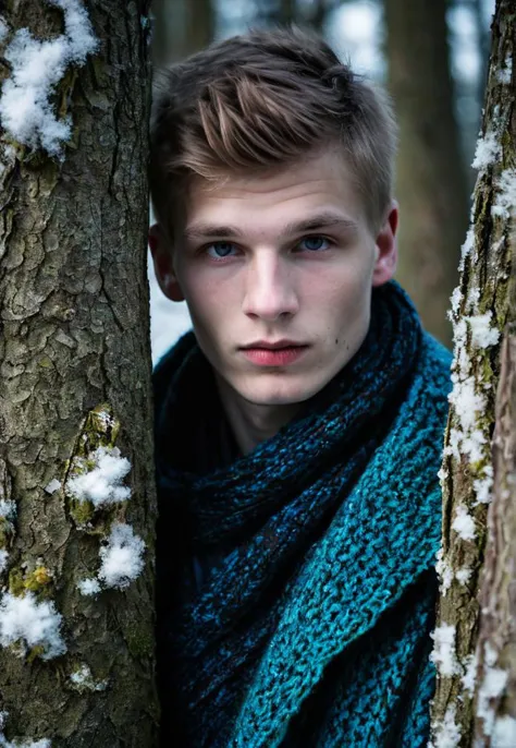 arafed boy in a scarf leaning against a tree in the snow