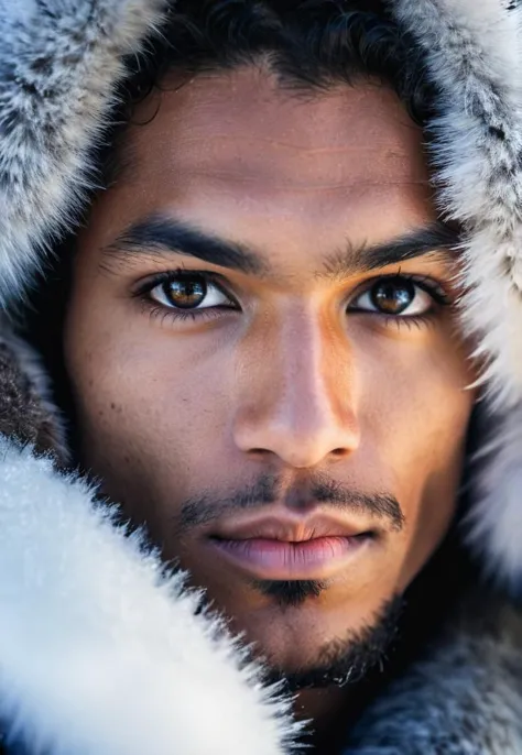 a close up of a man wearing a fur coat with a hood on