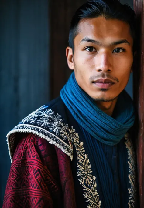 arafed man in a blue scarf and a red jacket